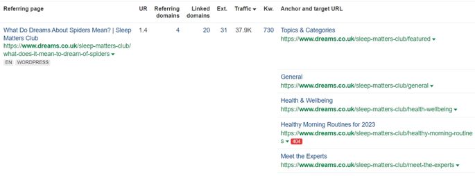 seo report of internal pages that link to 404 pages