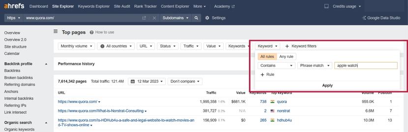 using keyword filter in ahrefs site explorer report